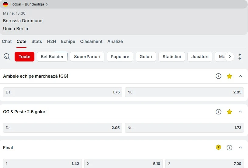 Cote pariuri Dortmund - Union Berlin