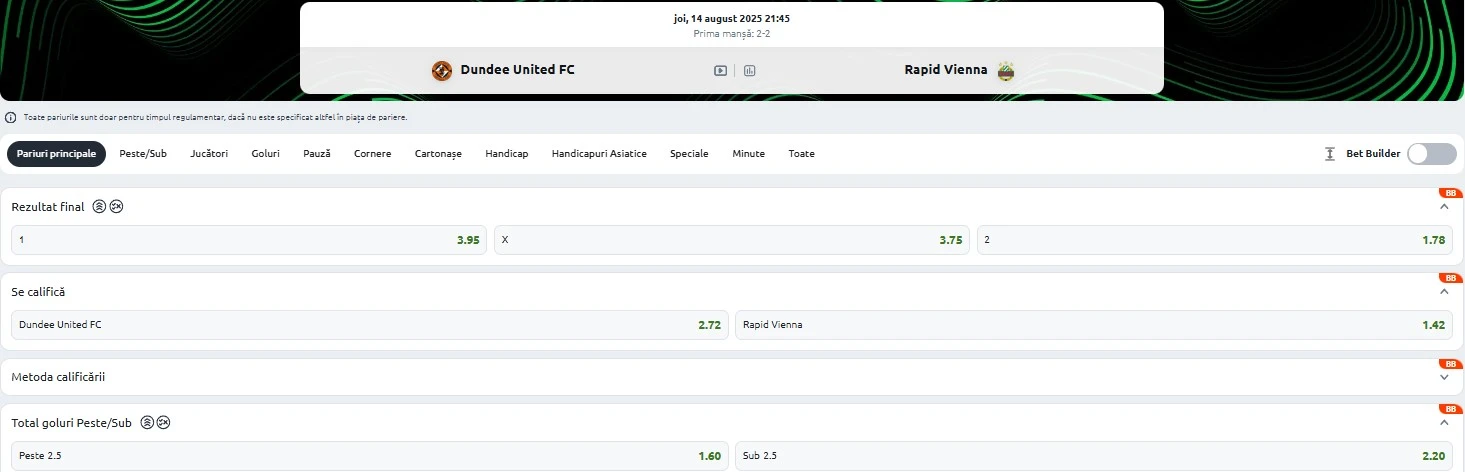 Cote pariuri Dundee Utd vs Rapid Viena