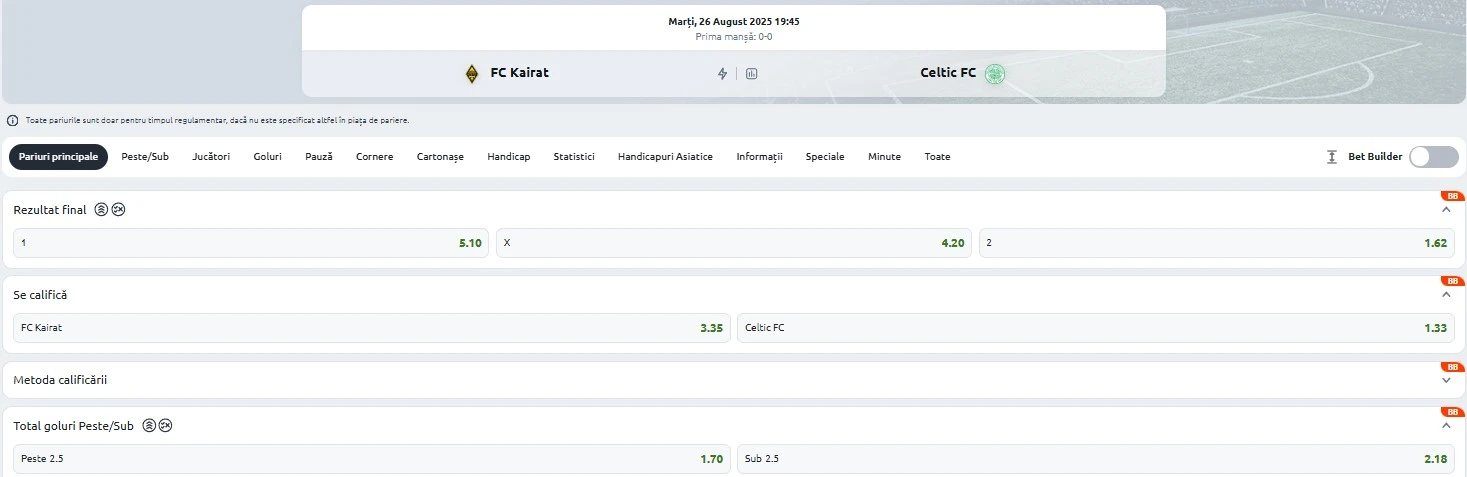 Cote pariuri Kairat Almaty vs Celtic