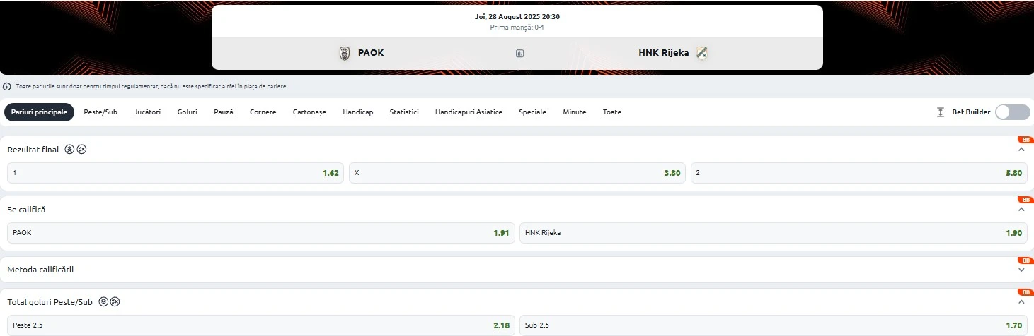 Cote pariuri PAOK vs Rijeka