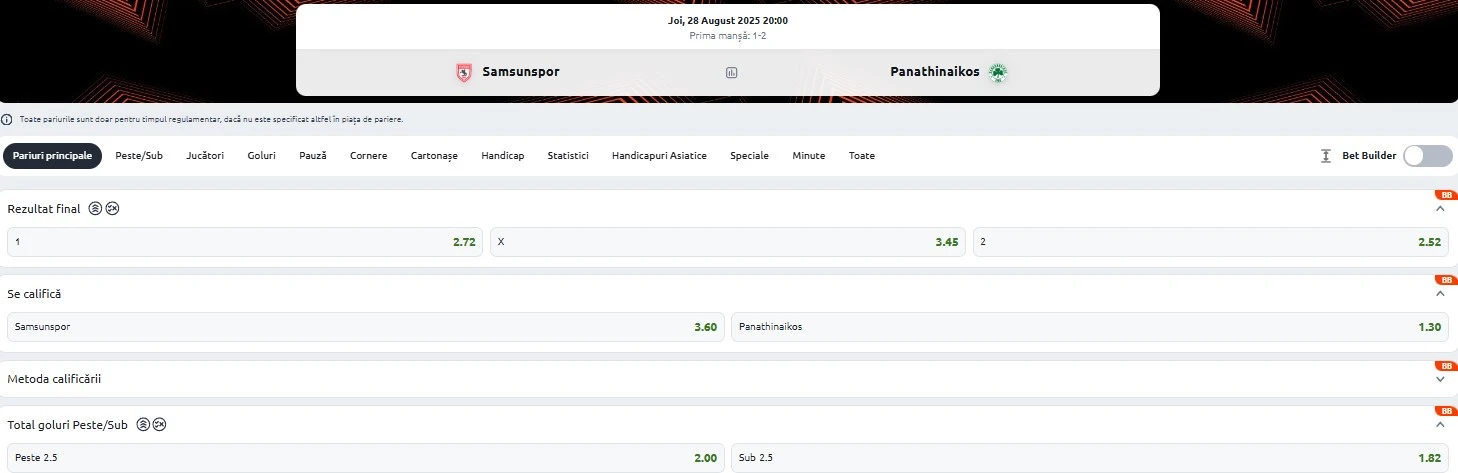 Cote pariuri Samsunspor vs Panathinaikos