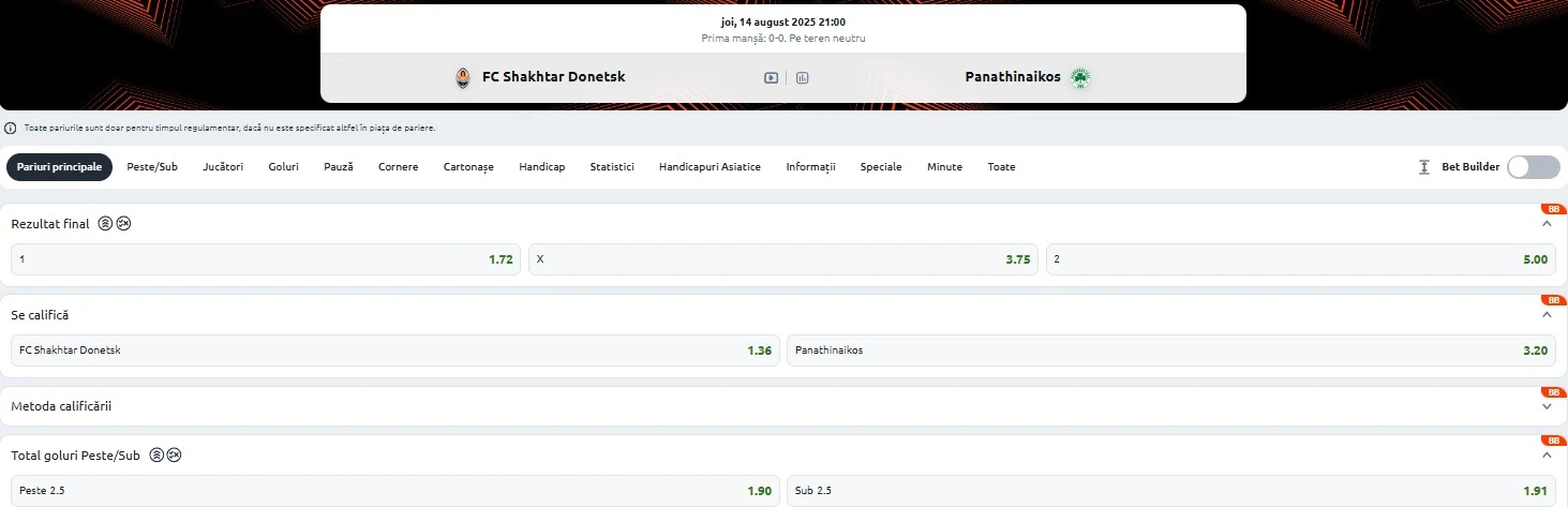 Cote pariuri Shakhtar vs Panathinaikos