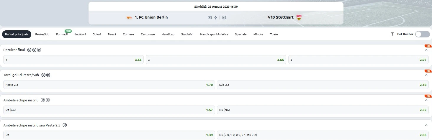 Cote pariuri Union Berlin vs Stuttgart
