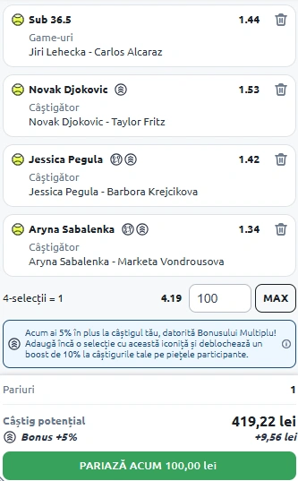 Biletul Zilei din Tenis 02.09.2025