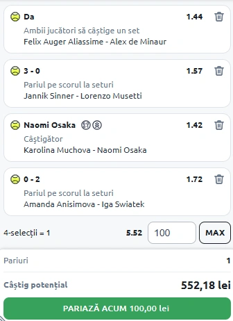 Biletul Zilei din Tenis 03.09.2025