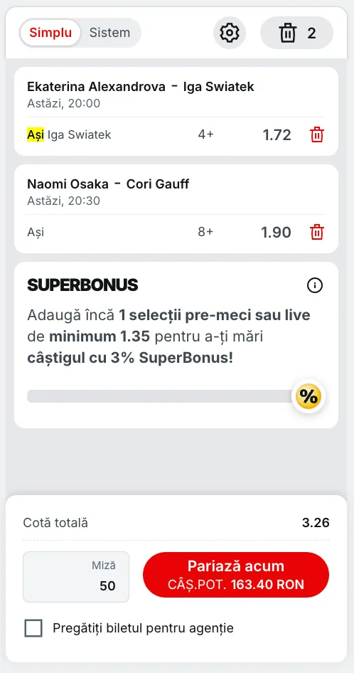 Biletul Zilei din Tenis 1 septembrie 2025 cota 3.26 la Superbet