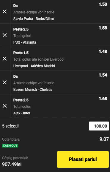 Biletul Zilei pe goluri din Champions League 17.09.2025