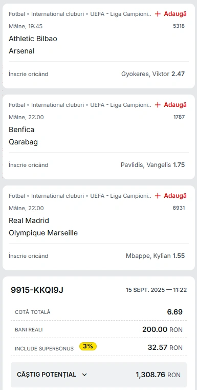 Biletul Zilei pe marcatori din Champions League 16.09.2025
