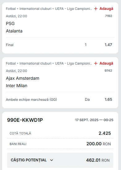 Cota 2 din Champions League 17.09.2025