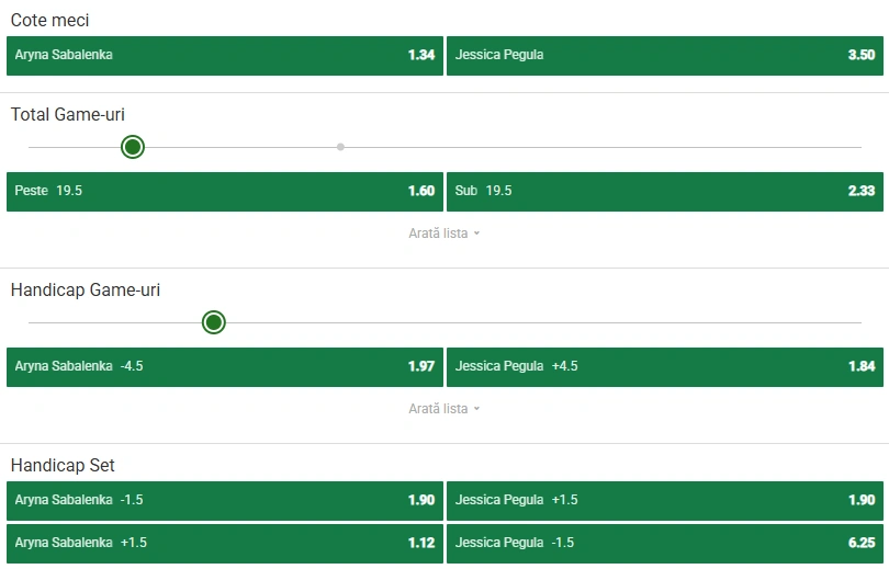 Cote pariuri Aryna Sabalenka vs Jessica Pegula la Unibet
