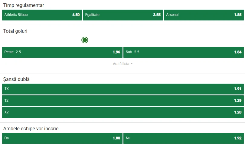 Cote pariuri Athletic Bilbao vs Arsenal la Unibet