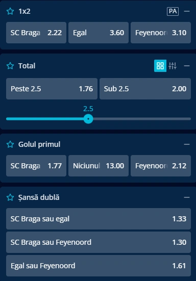 Cote pariuri Braga vs Feyenoord la Mr Bit
