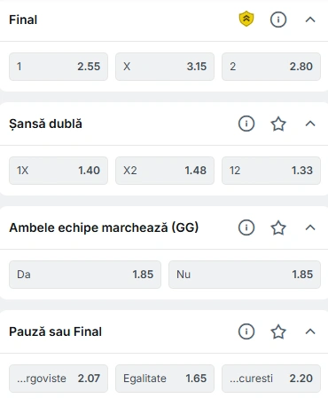 Cote pariuri Chindia Targoviste vs CSA Steaua la Superbet