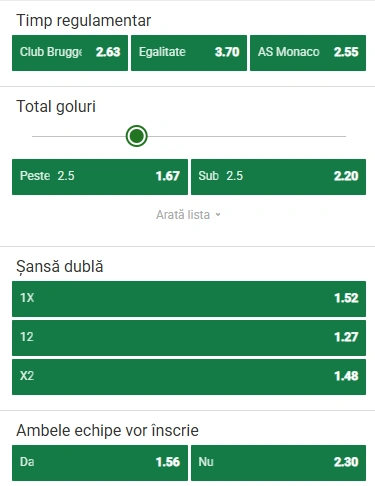 Cote pariuri Club Brugge vs Monaco la Unibet