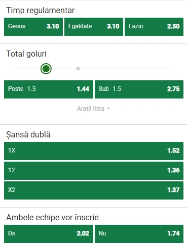 Cote pariuri Genoa vs Lazio la Unibet