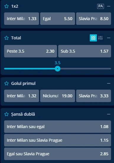 Cote pariuri Inter Milan vs Slavia Praga la Mr Bit