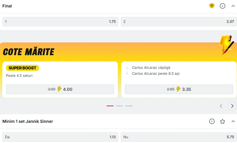Cote pariuri Jannik Sinner vs Carlos Alcaraz la Superbet