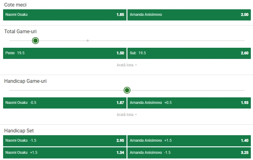 Cote pariuri Naomi Osaka vs Amanda Anisimova la Unibet