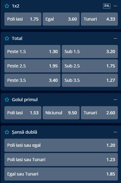 Cote pariuri Poli Iasi vs CS Tunari la Mr Bit