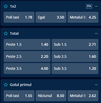 Cote pariuri Poli Iasi vs Metalul Buzau la Mr Bit