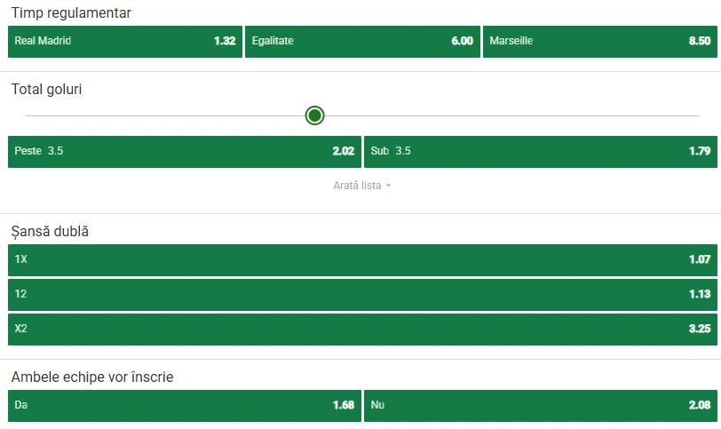 Cote pariuri Real Madrid vs Marseille la Unibet