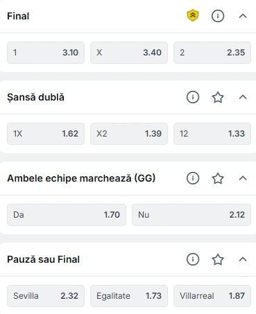 Cote pariuri Sevilla vs Villarreal la Superbet
