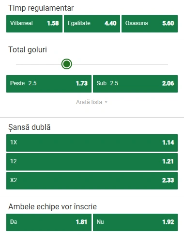 Cote pariuri Villarreal vs Osasuna la Unibet
