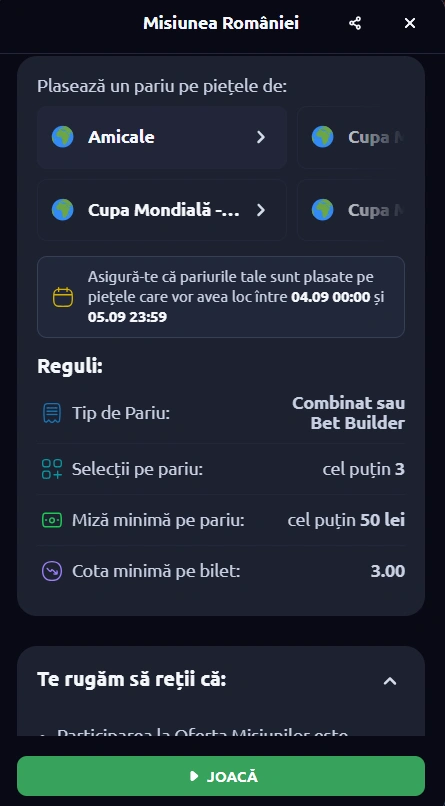Termeni și Condiții pentru Misiunea României de la Betano