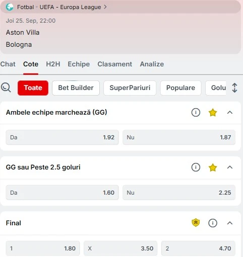Cote pariuri Aston Villa vs Bologna