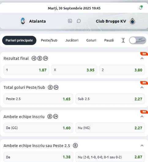 Cote pariuri Atalanta vs Club Brugge