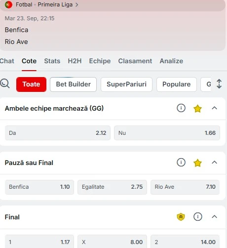 Cote pariuri Benfica - Rio Ave