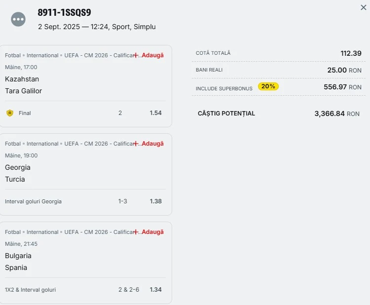 Bilet pariu șansă Superbet 04.09.2025