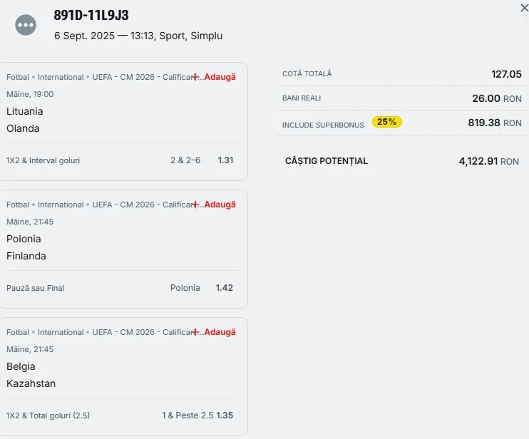 Bilet pariu șansă Superbet 07.09.2025