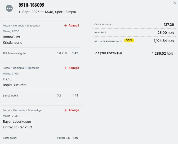 Bilet pariu șansă Superbet 12 septembrie 2025