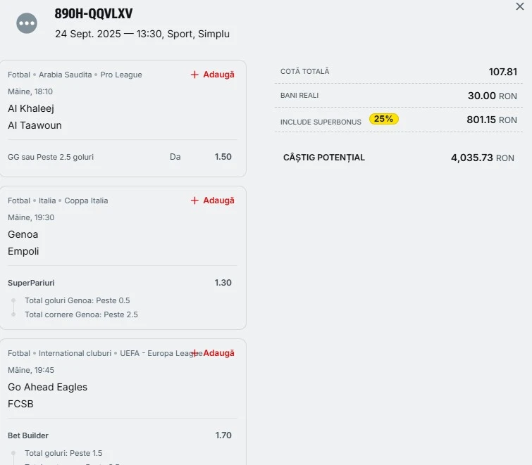 Bilet pariu șansă Superbet 25.09.2025