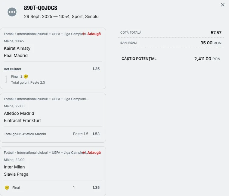 Bilet pariu șansă Superbet pe Champions League 30 septembrie 2025
