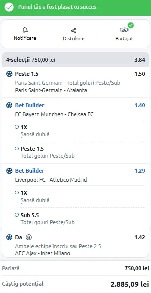 Biletul zilei azi din Champions League 17.09.2025