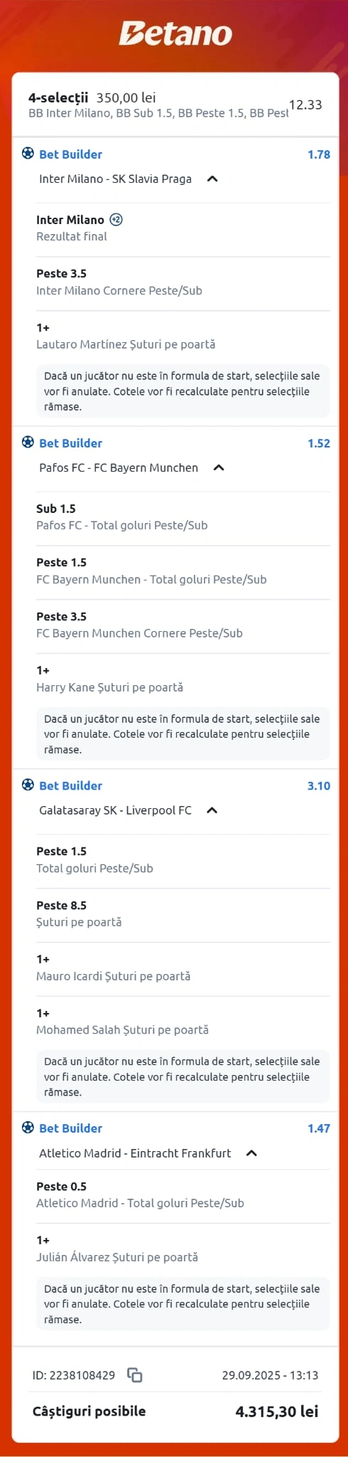Biletul zilei azi din Champions League 30.09.2025