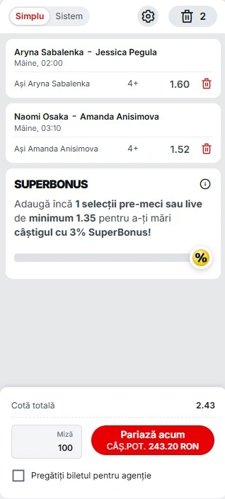 biletul zilei din tenis la superbet semifinale US Open 5 septembrie 2025