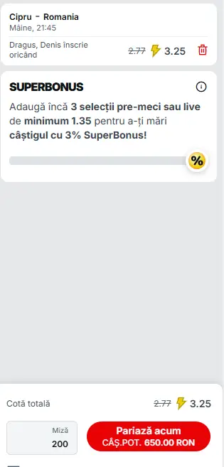 Biletul Zilei Superbet pe Cipru - România 