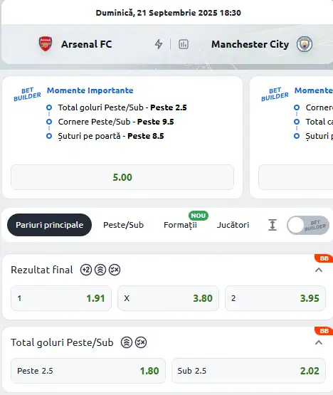 Cote Pariuri Arsenal - Manchester City la Betano