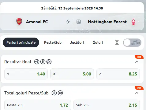 Cote Pariuri Arsenal vs Nottingham la Betano