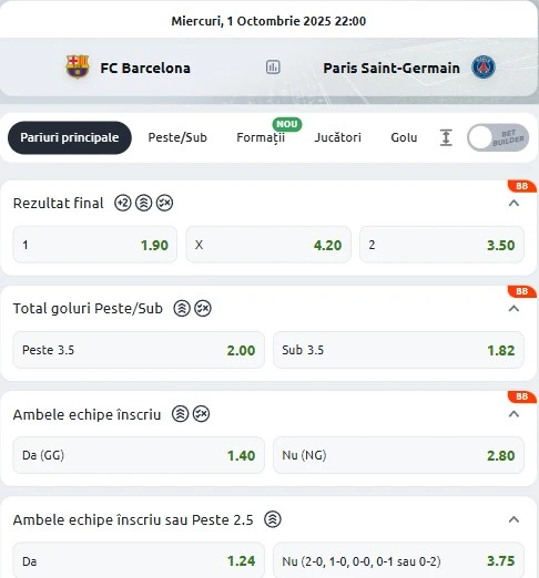 Cote pariuri Barcelona vs PSG