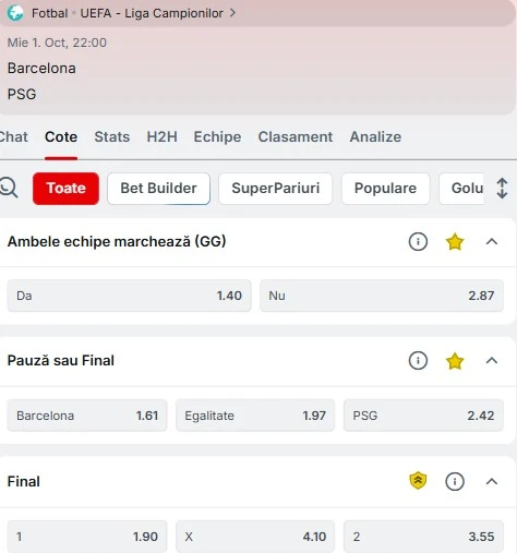 Cote pariuri Barcelona vs PSG