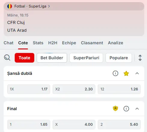 Cote Pariuri CFR Cluj vs UTA Arad la Superbet