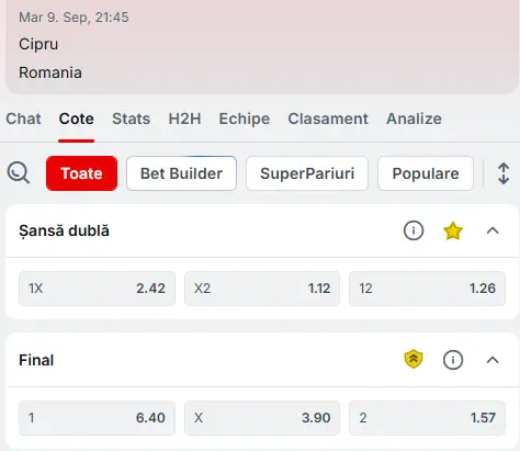 Cote Pariuri Cipru vs România oferite de Superbet
