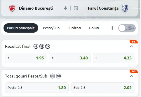 Cote Pariuri Dinamo București - Farul Constanța la Betano