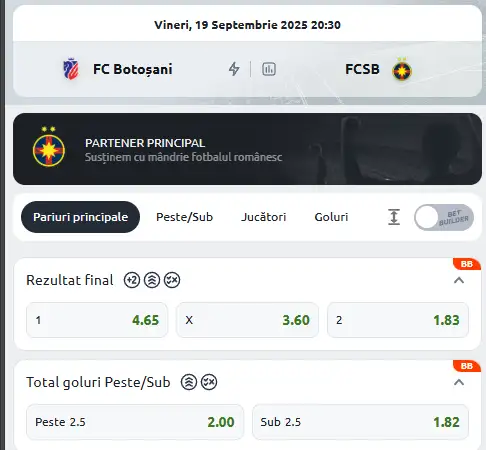 Cote Pariuri FC Botoșani - FCSB la Betano