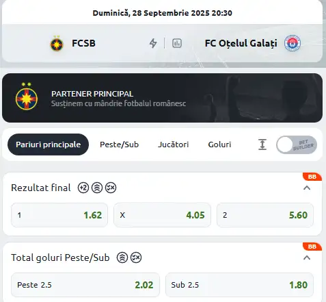 Cote Pariuri FCSB vs Oțelul Galați oferite de Betano