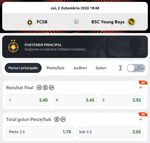 Cote Pariuri FCSB - Young Boys la Betano
